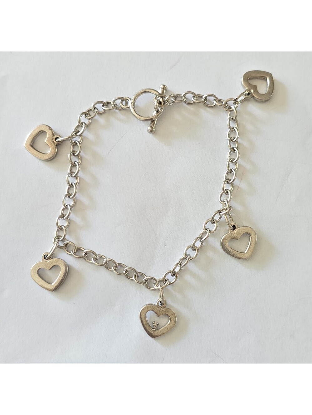 Sterling Bracelet with Heart Charms and One Tiny Diamond